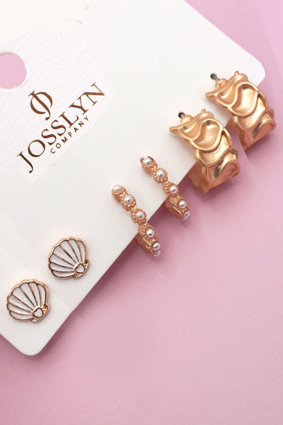 SEASHELL PEARL TEXTURED TRIO HOOP EARRINGS | 80E61213