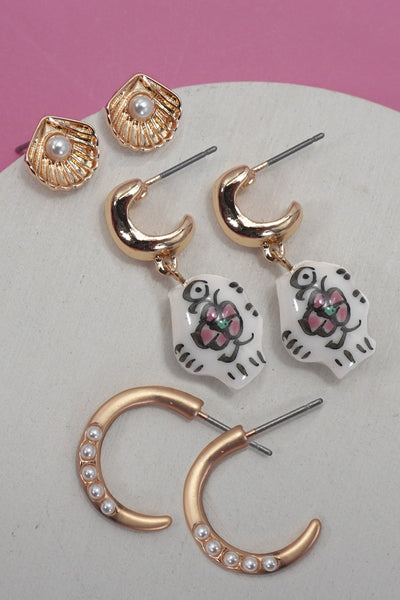 SEA SHELL PORCELAIN FISH TRIO HUGGIE HOOP EARRINGS | 80E6121