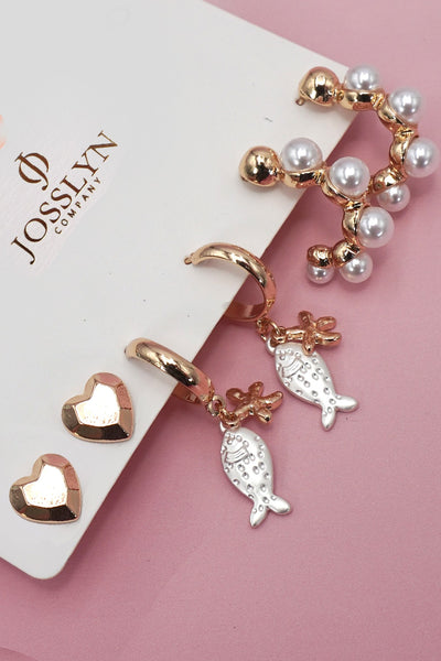 HEART FISH PEARL TRIO HUGGIE HOOP EARRINGS | 80E61401