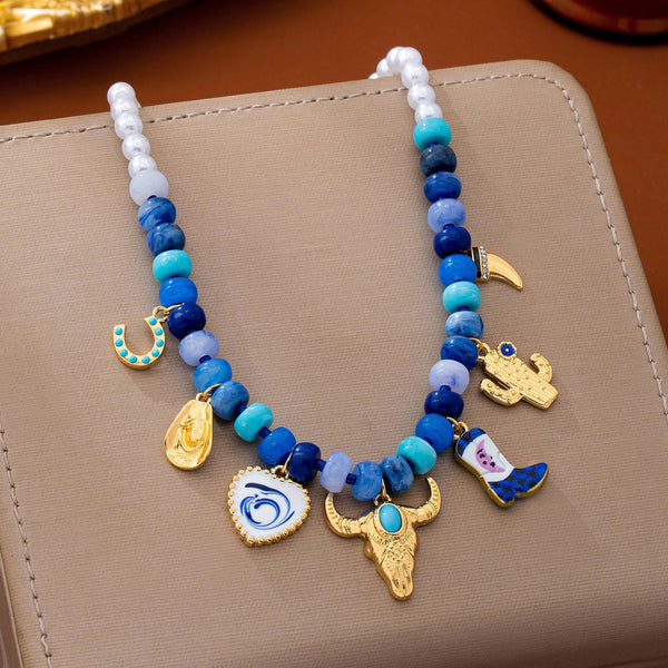 Western Coastal Blue Beaded Multi-Charm Necklace | 80N93912