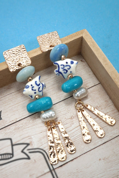 BLUE CERAMIC PORCELAIN FISH DROP EARRINGS | 80E61235