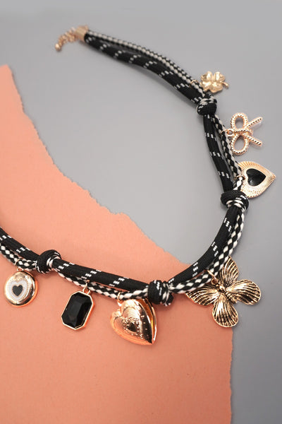 DOUBLE CORD CHARM NECKLACE - HEART LOCKET CLOVER | 80N92317