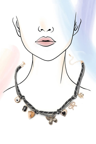 DOUBLE CORD CHARM NECKLACE - HEART LOCKET CLOVER | 80N92317