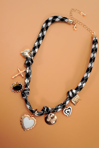 DOUBLE CORD CHARM NECKLACE - HEART CROSS STONE | 80N92318