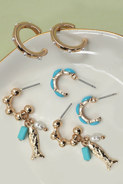 TRIO HUGGIE HOOP TURQ PEARL FISH DROP EARRINGS | 80E61271