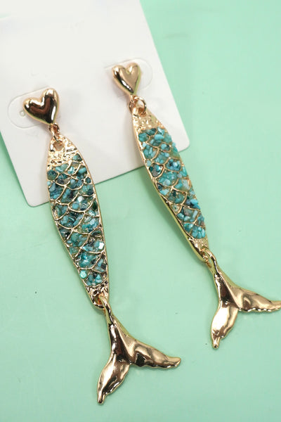 ENAMEL MERMAID FISH HEART DROP EARRINGS | 80E61274