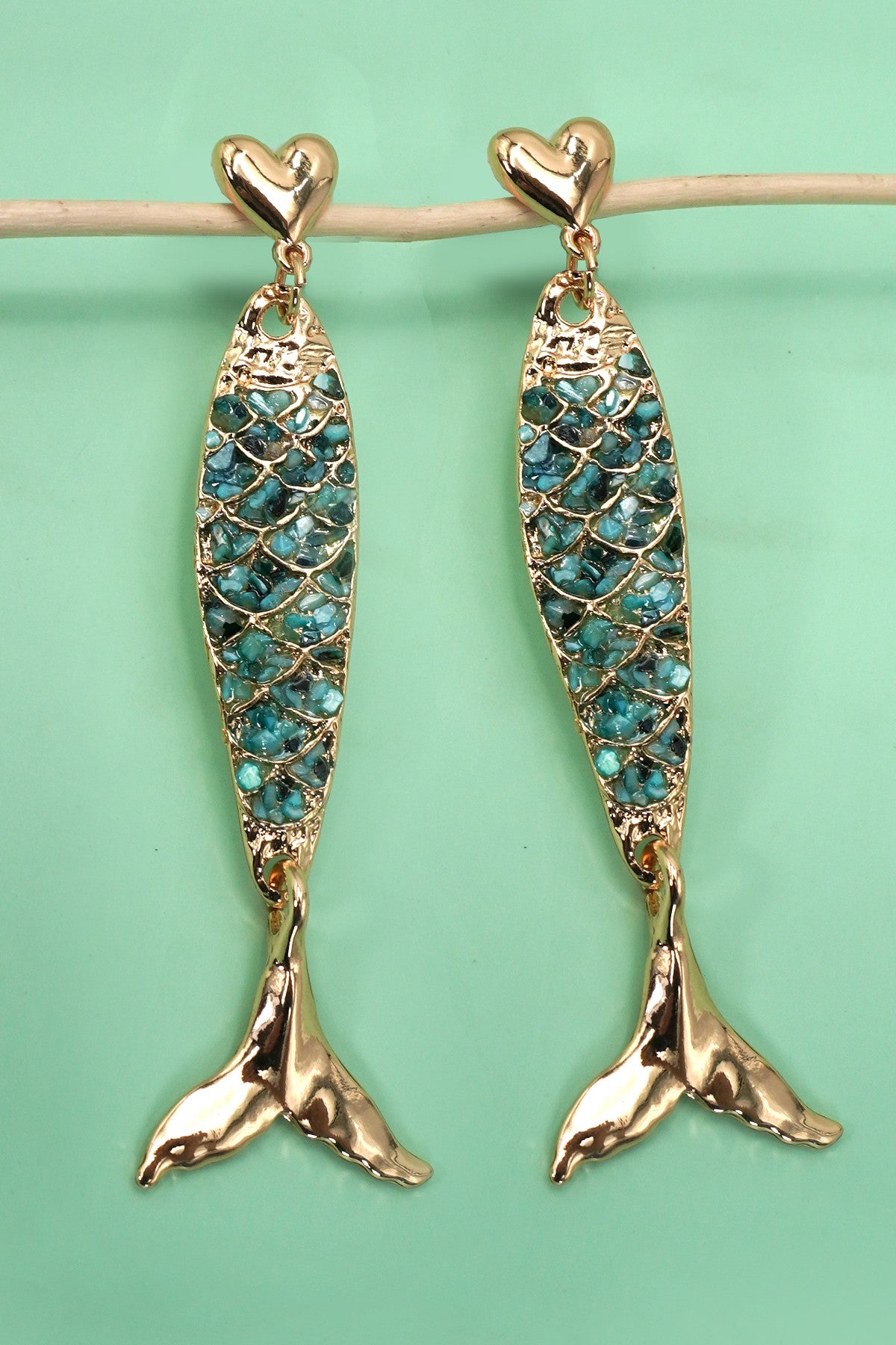 ENAMEL MERMAID FISH HEART DROP EARRINGS | 80E61274