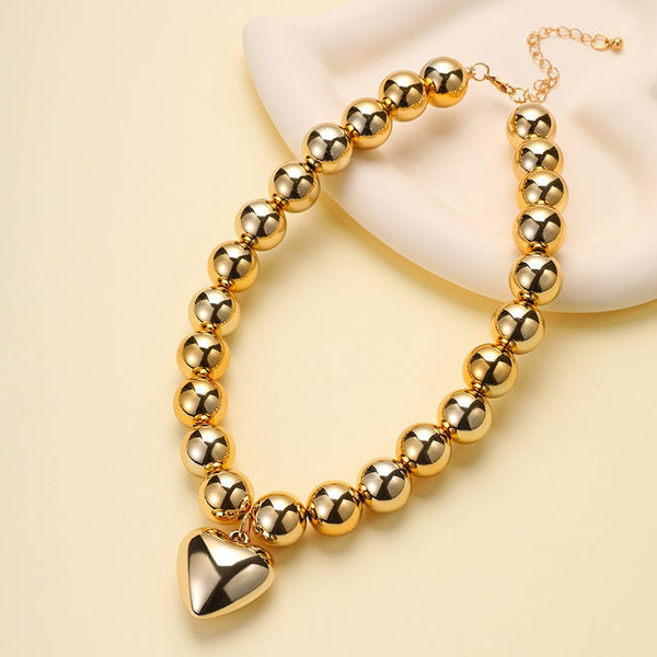 Chunky Metallic Ball Heart Charm Collar Necklace | 40NK9823