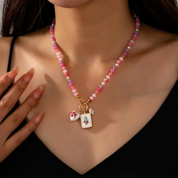 Colorful Beaded Tile Pendant Toggle Necklace | 80N93918