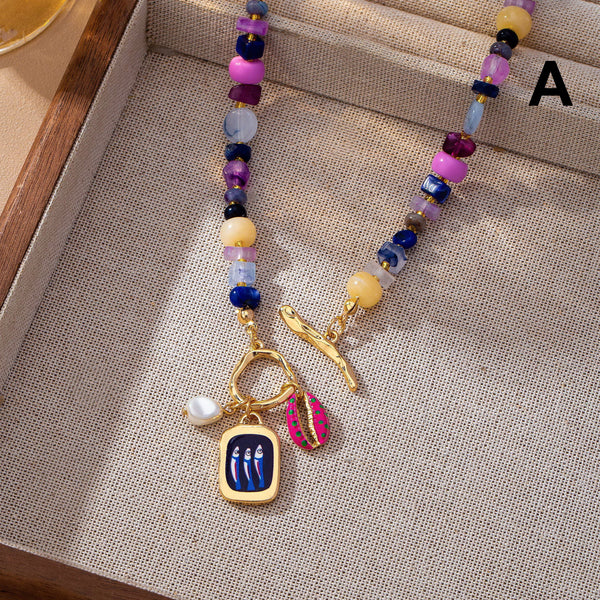Colorful Beaded Tile Pendant Toggle Necklace | 80N93918