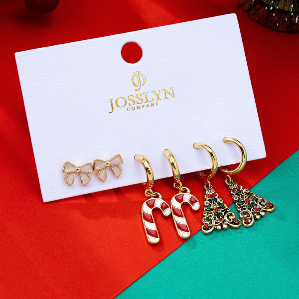 Holiday Bow Candy Cane & Tree Trio Earring Set | 80E63585