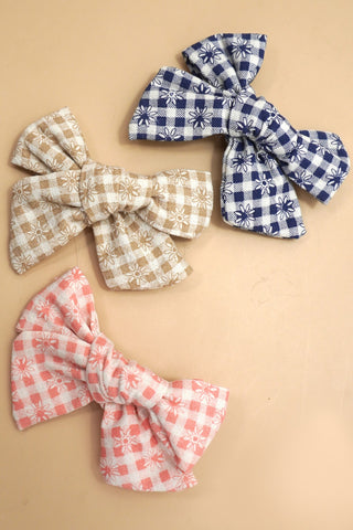 CHECKER FLORAL BOW RIBBON HAIR CLIPS | 40H1010