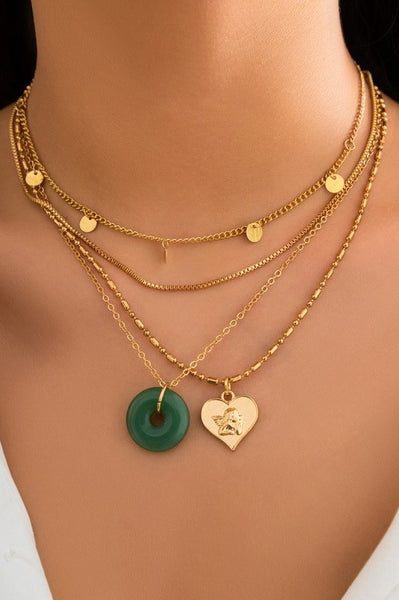 MULTI LAYER GLASS STONE HEART DISC CHARM NECKLACE | 40NK9595