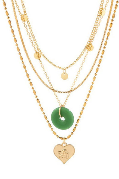 MULTI LAYER GLASS STONE HEART DISC CHARM NECKLACE | 40NK9595