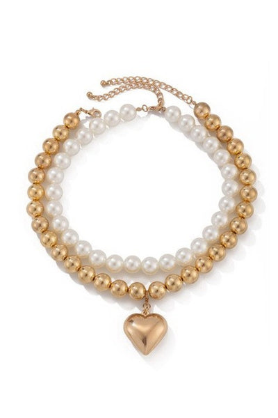 LUSTROUS PEARL BEADED LAYERED HEART NECKLACE | 40NK9594
