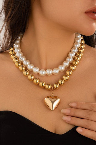 LUSTROUS PEARL BEADED LAYERED HEART NECKLACE | 40NK9594