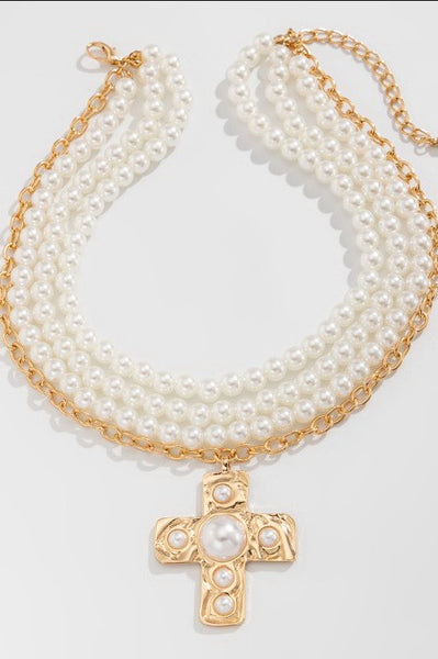 MULTI WRAP PEARL BEADED CROSS CHARM NECKLACE | 40NK9599