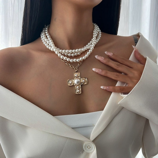 MULTI WRAP PEARL BEADED CROSS CHARM NECKLACE | 40NK9599