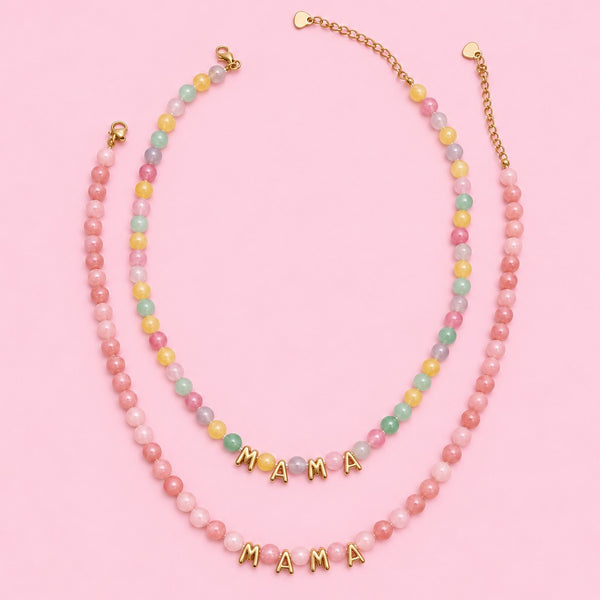 STAINLESS STEEL MAMA NATURAL STONE BEADED NECKLACE|40NK9810