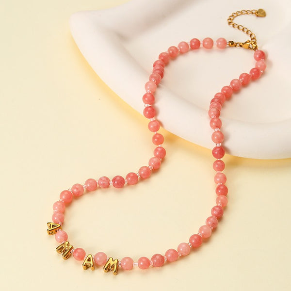 STAINLESS STEEL MAMA NATURAL STONE BEADED NECKLACE|40NK9810