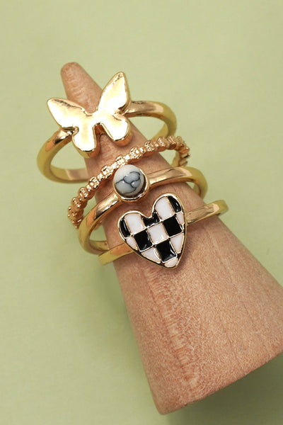 CHECKER HEART BUTTERFLY 4 RING SET | 80R125