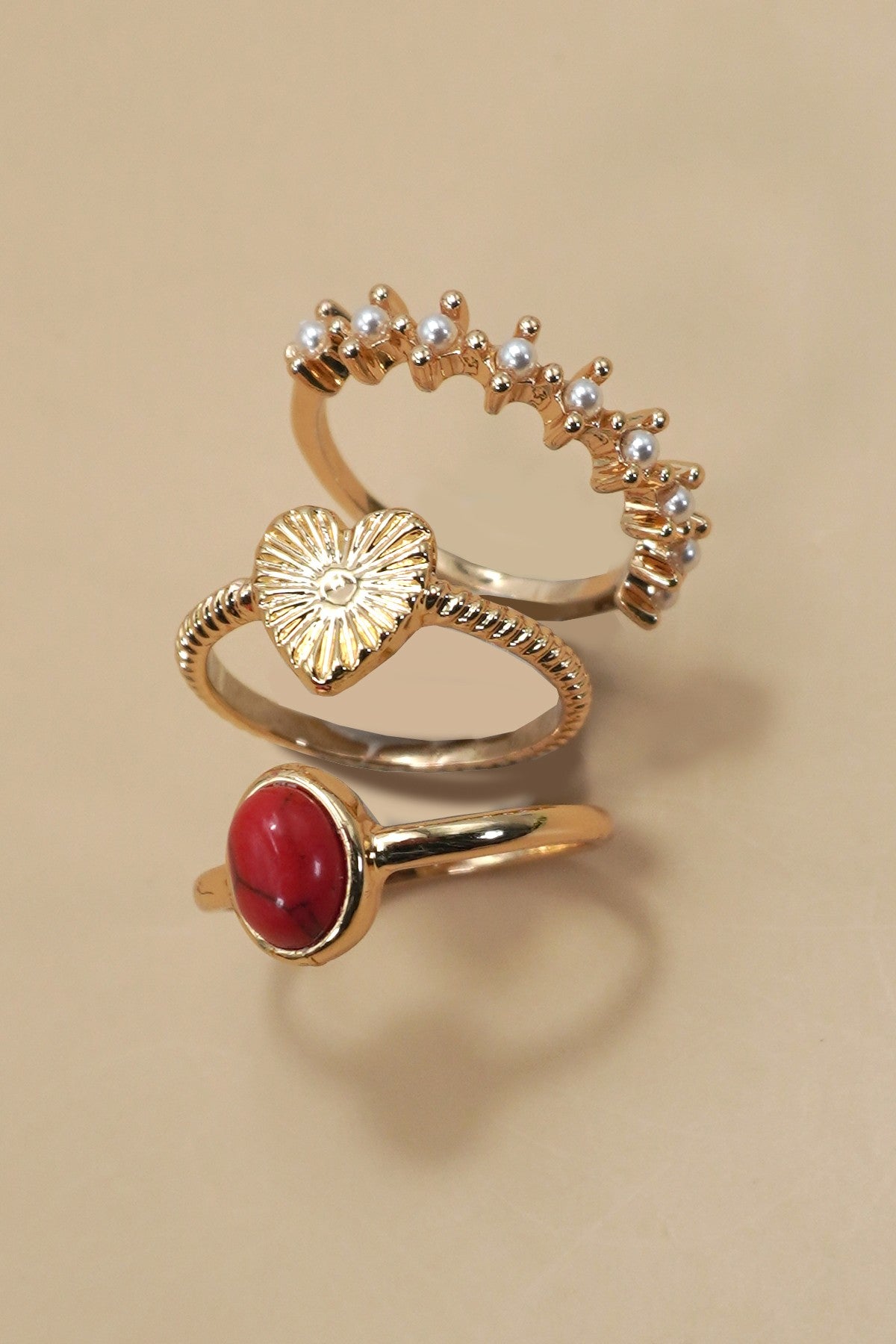 HEART STONE PEARL 3 RING SET | 80R131
