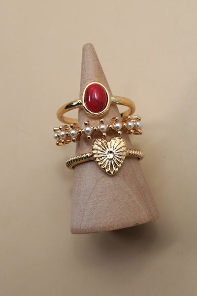 HEART STONE PEARL 3 RING SET | 80R131