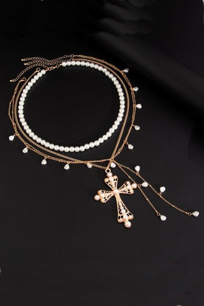 MULTI LAYER MIX PEARL CROSS Y CHARM NECKLACE | 80N92464
