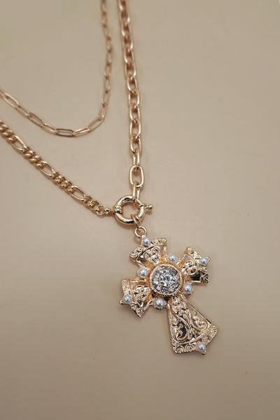 MULTI LAYERED CROSS STATEMENT NECKLACE | 80N92465