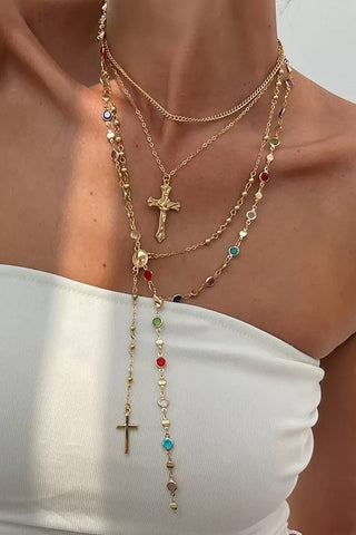 BOHO Y MULTI STONE CROSS LARIAT LAYER NECKLACE | 80N92467