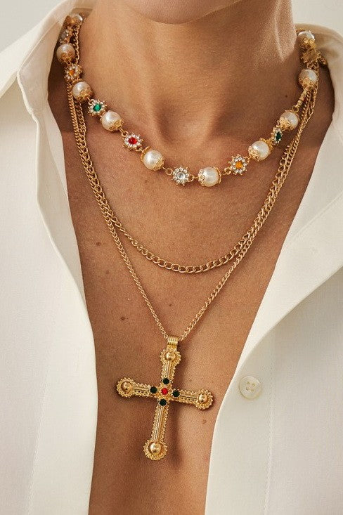 MULTI LAYERED RHINESTONE CROSS STATEMENT NECKLACE | 40NK9605
