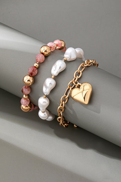 MULTI LAYER MIXED PEARL BEAD HEART CHARM BRACELET | 80B1549
