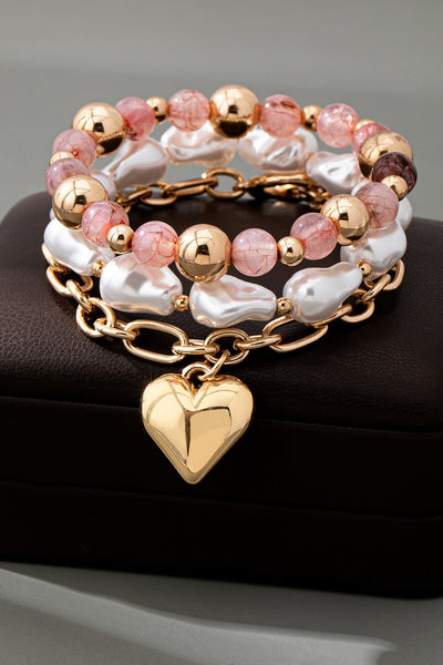 MULTI LAYER MIXED PEARL BEAD HEART CHARM BRACELET | 80B1549