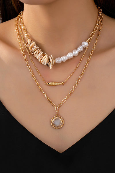 MULTI LAYER  SEASHELL PEARL FISH CHARM NECKLACE | 80N92441