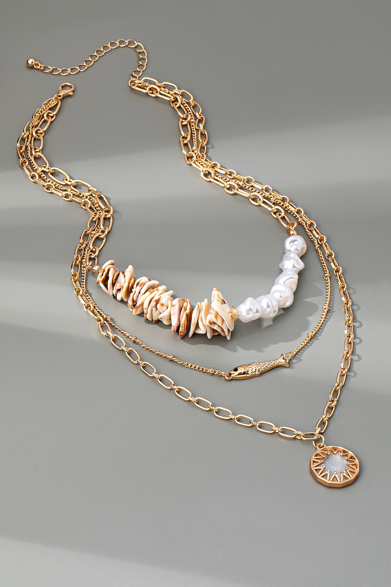 MULTI LAYER  SEASHELL PEARL FISH CHARM NECKLACE | 80N92441