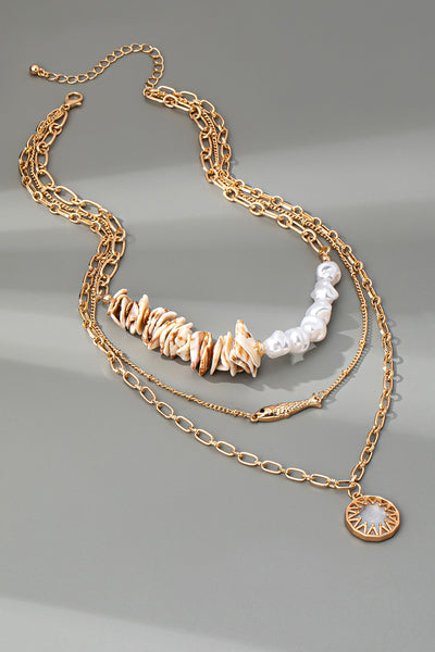 MULTI LAYER  SEASHELL PEARL FISH CHARM NECKLACE | 80N92441