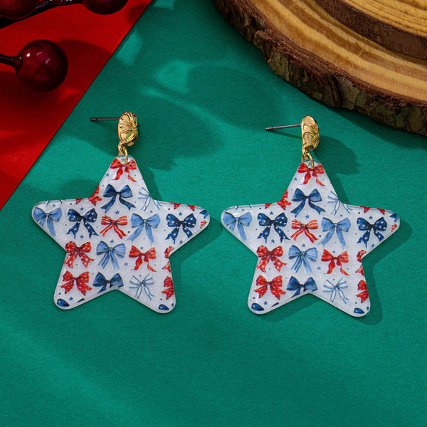 Patriotic Coquette Bow Printed Star Drop Earrings | 80E63560