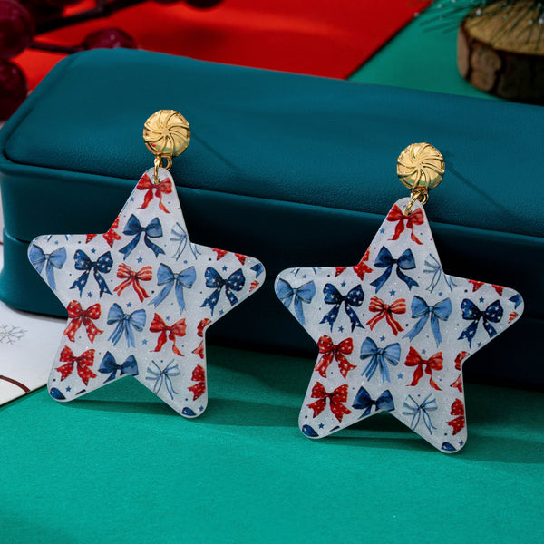 Patriotic Coquette Bow Printed Star Drop Earrings | 80E63560