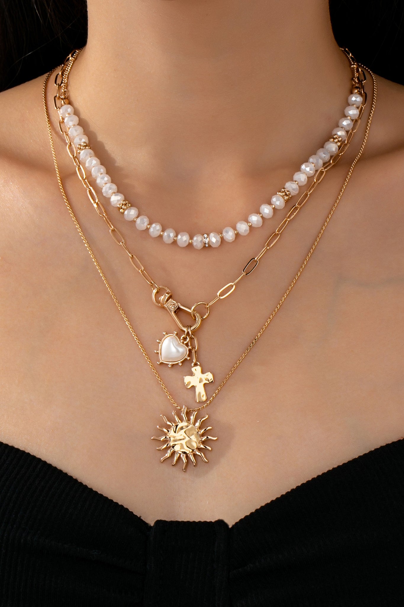 MULTI BEADED LAYER SUN HEART CROSS CHARM NECKLACE | 80N92499