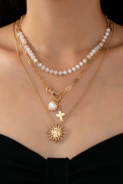 MULTI BEADED LAYER SUN HEART CROSS CHARM NECKLACE | 80N92499