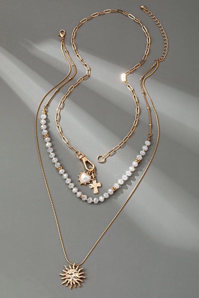 MULTI BEADED LAYER SUN HEART CROSS CHARM NECKLACE | 80N92499