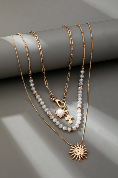 MULTI BEADED LAYER SUN HEART CROSS CHARM NECKLACE | 80N92499