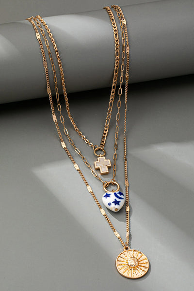 MULTI LAYER  PORCELAIN HEART CROSS CHARM NECKLACE | 80N92498