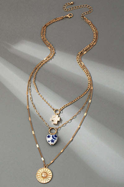 MULTI LAYER  PORCELAIN HEART CROSS CHARM NECKLACE | 80N92498