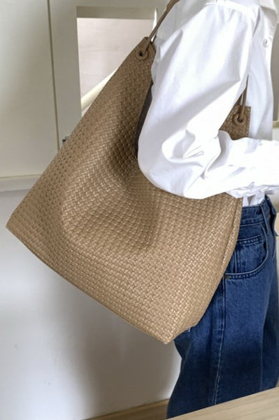 VEGAN FAUX LEATHER WOVEN TOTE SHOULDER BAG | 40P587