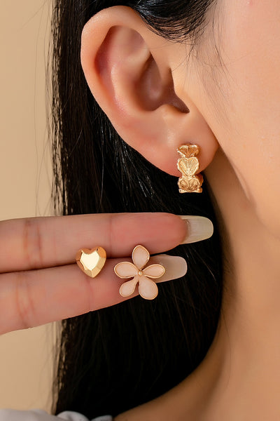TRIO HEART FLOWER SEASHELL HUGGIE HOOP EARRINGS | 80E61471
