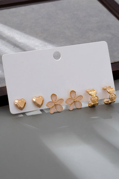 TRIO HEART FLOWER SEASHELL HUGGIE HOOP EARRINGS | 80E61471