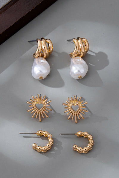 TRIO BLAZING HEART PEARL DROP HUGGIE HOOP EARRINGS | 80E6147