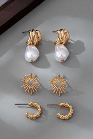 TRIO BLAZING HEART PEARL DROP HUGGIE HOOP EARRINGS | 80E6147