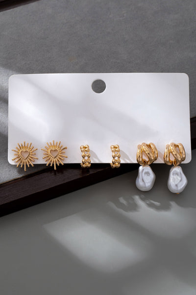 TRIO BLAZING HEART PEARL DROP HUGGIE HOOP EARRINGS | 80E6147